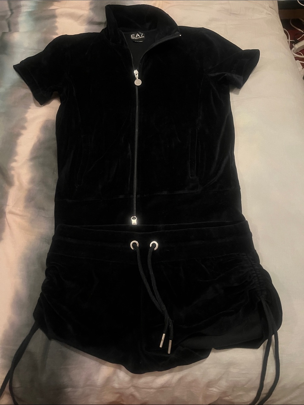 EA7 Black Velour Short Zip Romper